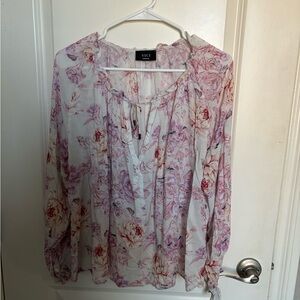 VICI Sheer Floral Tie-Neck Blouse - White with Pink Floral